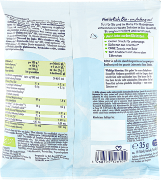 Tył niebiesko-białego opakowania organicznej przekąski dla niemowląt, z tabelą wartości odżywczych, tekstem i kodem kreskowym.