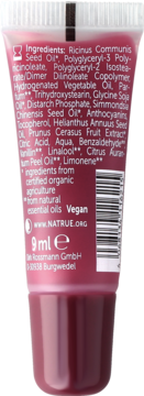 Tył wiśniowego błyszczyka Alterra Glossy Lips Cherry, widok na listę składników z organicznym jojoba i NATRUE.