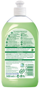 Tylna etykieta zielonego płynu do naczyń Frosch Zielona Herbata, 500ml, z informacjami o składzie i certyfikatach.