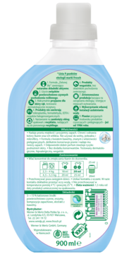 Tył opakowania Frosch płynu do płukania z kwiatem bawełny, niebieska butelka, eco info i instrukcje.