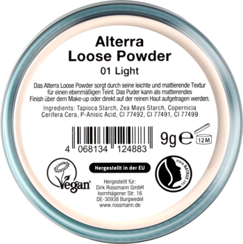 Alterra Loose Powder 01 Light, tył okrągłego opakowania z białą etykietą, widoczny skład i certyfikat Vegan, 9g.
