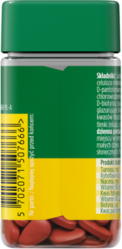 Tył opakowania MÖLLERS B-complex Forte 90 tabletek, zielono-żółta etykieta, kod kreskowy i skład, czerwone tabletki.