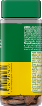 Tył butelki suplementu Möllers Włosy, Skóra, Paznokcie, zielony kapsel, żółta etykieta ze składem i kodem EAN.