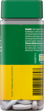 Tył butelki MÖLLERS Magnez + B6, zielono-żółta etykieta z tekstem i kodem kreskowym, białe tabletki na dole.