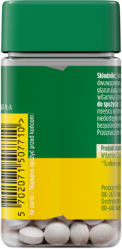 MÖLLERS Witamina D3 4000 IU, tył butelki z zieloną nakrętką i żółto-zieloną etykietą, widoczne białe tabletki.