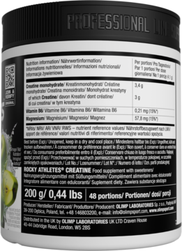 Olimp Rocky Athletes Creatine, tył czarnej puszki suplementu z etykietą składu i zielonym jabłkiem.