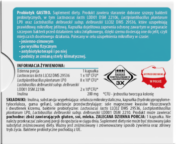 Białe opakowanie Probiotyk GASTRO, suplement diety, tył. Tealowy panel ze składnikami i informacjami żywieniowymi.