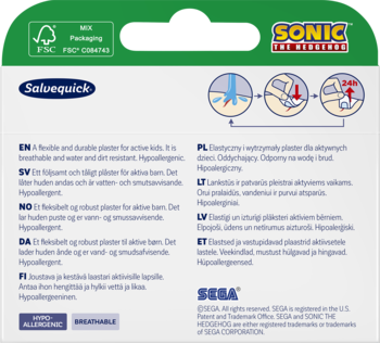 Tył zielono-białego opakowania Salvequick Sonic. Elastyczne, wodoodporne, hipoalergiczne plastry dla dzieci.