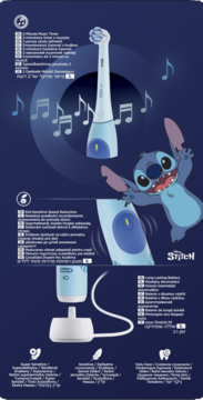 Oral-B iO Kids Stitch szczoteczka elektryczna, jasnoniebieska, z ładowarką i Stitch na tle muzycznym.