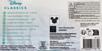 Tył opakowania Disney Classics: zestaw 3 gąbek do makijażu, z logo Myszki Miki, wielojęzycznym opisem i kodem kreskowym.