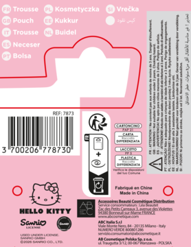 Tył różowego opakowania na piórnik Hello Kitty, widoczne ostrzeżenia, kody kreskowe i dane producenta.