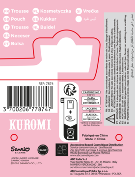 Tył różowego opakowania kosmetycznego Kuromi z kodem kreskowym, logo Sanrio i ostrzeżeniami dla dzieci.