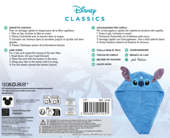 Tył opakowania ręcznika do włosów Disney Stitch, z niebieskim turbanem z uszami 3D i instrukcjami użytkowania.