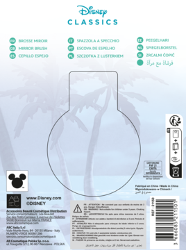 Tył opakowania szczotki z lusterkiem Disney Classics, tło z palmami, logo Mickey Mouse.