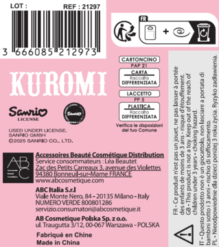 Różowa etykieta z tyłu produktu Sanrio Kuromi, widoczne ostrzeżenia, dane dystrybutora i kod kreskowy.