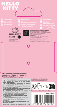 Tył różowego opakowania gumek do włosów Hello Kitty (scrunchies) z ostrzeżeniami i kodem kreskowym.