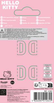 Tył różowego opakowania spinek Hello Kitty, z ostrzeżeniami, kodem kreskowym, logo i symbolami recyklingu.
