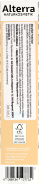 Tył opakowania Alterra We Love Leo pędzla do pudru, z opisem, składem, logo FSC i kodem kreskowym.