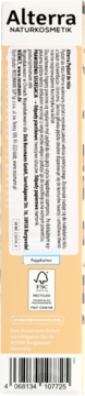 Tył opakowania pędzla do różu Alterra We Love Leo, z tekstem, logo FSC i kodem kreskowym.