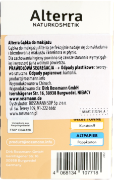 Tył opakowania gąbki do makijażu Alterra NATURKOSMETIK, widoczne szczegóły produktu, skład i kod kreskowy.
