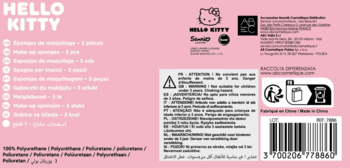 Różowe opakowanie Hello Kitty, tył z opisem akcesoriów do makijażu, ostrzeżeniami i kodem kreskowym.