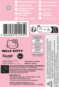 Tył różowego opakowania gąbki do kąpieli Hello Kitty z białym logo, kodem kreskowym i etykietami recyklingu.