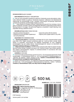 Tył butelki FRESSO Glass Cleaner 500ml, etykieta z opisem działania i składników, formuła ponad 91% naturalna.