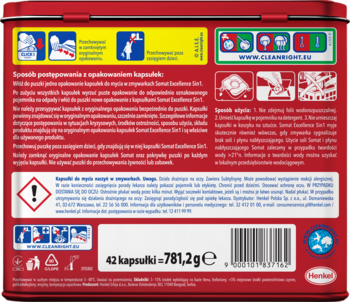 Tył czerwonego opakowania kapsułek Somat Excellence 5in1 do zmywarki, 42 szt., z polskimi napisami.