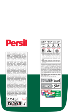 Tył opakowania proszku Persil Deep Clean Universal 2,75 kg, z instrukcjami prania i logiem Perwoll, Silan.