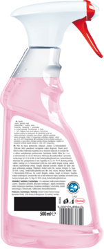 Różowy płyn Clin z Bio-Alkoholem do mycia szyb, tył butelki sprayu 500ml z czerwoną rączką, czytelna etykieta.