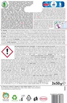 Tył opakowania Bref WC Royal, limitowana edycja, kostki 3x50g, z opisem 4-funkcyjnej formuły świeżości.