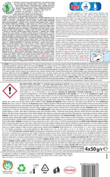 Tył opakowania kostek toaletowych Bref Power Active 4x50g, z polskimi instrukcjami użycia, ostrzeżeniami i symbolami recyklingu.