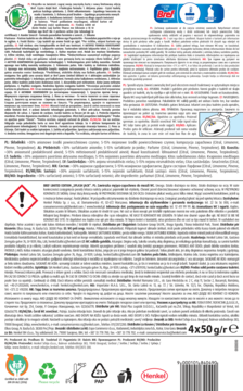 Tył opakowania Bref Power Aktiv WC, z detalami składników, ostrzeżeniami bezpieczeństwa i logo Henkel.