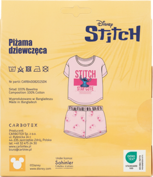 Tył żółto-pomarańczowego opakowania piżamy dziewczęcej Disney Stitch, z ilustracją koszulki i spodenek 100% bawełny.