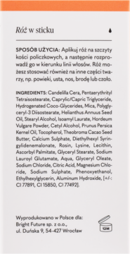 Tył opakowania różu w sticku z polskimi instrukcjami użycia, pełną listą składników i danymi producenta.