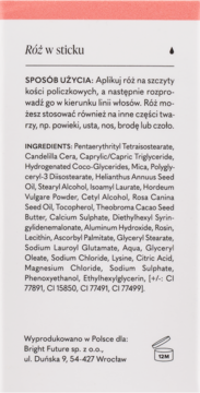 Tył opakowania różu w sticku z kremową formułą, widoczna lista składników i instrukcja użycia.