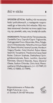 Tył opakowania różu w sticku. Widoczne składniki, instrukcja użycia oraz dane producenta Bright Future.