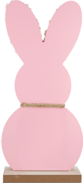 Różowy drewniany zając wielkanocny, dekoracja na stół, z jutowym sznurkiem w pasie, widok z przodu.