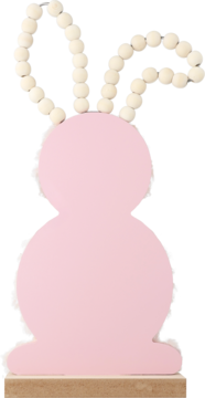 Różowy zajączek dekoracyjny z białymi koralikowymi uszami, stojący na drewnianej podstawie, z puszystą obwódką.