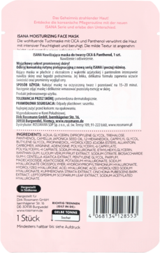 Tył różowego opakowania maski Isana Moisturizing Face Mask w płachcie, z widocznymi składnikami i kodem kreskowym.