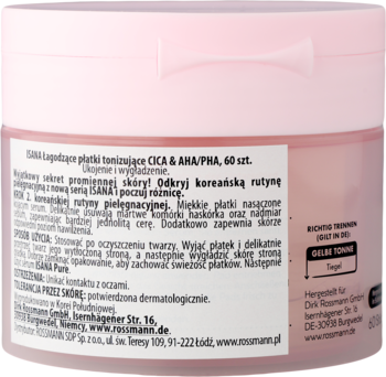 Tył różowego opakowania Isana Lapadopu płatki tonizujące CICA & AHA/PHA, 60 szt., z białym tekstem.