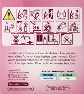 Tył opakowania świecy Domol Magiczna Aura z piktogramami ostrzegawczymi, niemieckimi instrukcjami bezpieczeństwa i info o recyklingu.