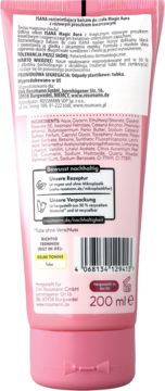 Tył różowej tubki balsamu do ciała Isana Magic Aura 200 ml, z niemieckim opisem, składem i symbolami recyklingu.