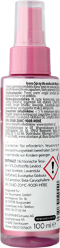 Tył różowej butelki Isana Spray do poduszki 100 ml, z etykietą ze składnikami, danymi producenta i ostrzeżeniem.