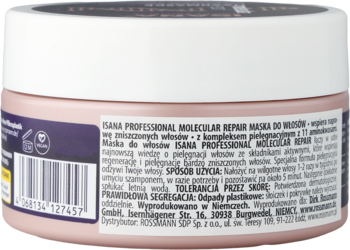 Tył różowo-złotej maski Isana Professional Molecular Repair do włosów z fioletową etykietą, PL opisem i kodem kreskowym.