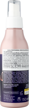 Tył różowego sprayu Isana Professional Molecular Repair 150ml, bez spłukiwania. Biały atomizer, etykieta PL.