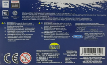 Tył ciemnego opakowania Welly Monster Truck Big Wheel Series, z ostrzeżeniami, logo producentów i kodem kreskowym.