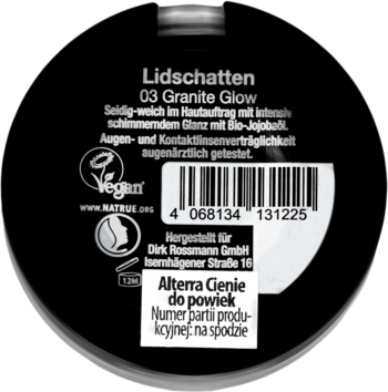 Spód czarnego cienia do powiek Alterra 03 Granite Glow, z etykietami, logo Vegan, kodem kreskowym i tekstem.