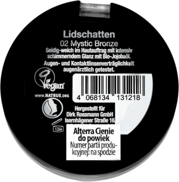 Czarny, okrągły spód cienia do powiek Alterra 02 Mystic Bronze. Widoczne oznaczenia Vegan i Alterra Cienie do powiek.