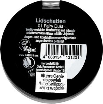 Tył okrągłego opakowania Alterra Cień do powiek 01 Fairy Dust. Czarne z białym tekstem, logo Vegan, kodem.